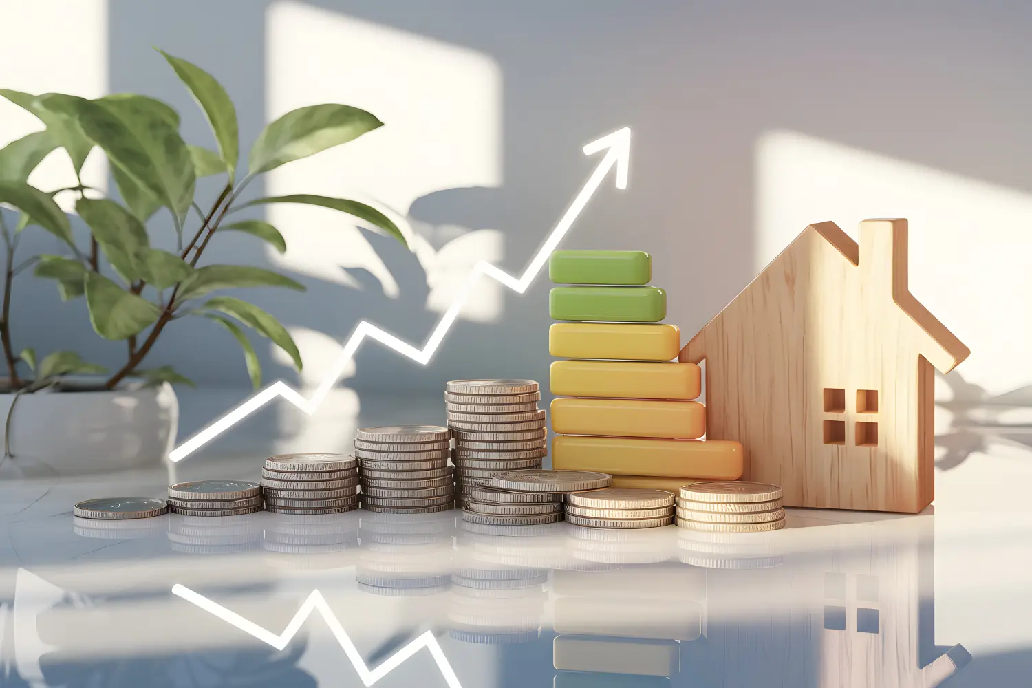Kreatives Finanzkonzept mit einem Hausmodell mit einem farbenfrohen Energieeffizienzdiagramm, Stapeln von Münzen und einem sauberen, hellen Hintergrund, der Kosteneinsparungen und Nachhaltigkeit symbolisiert
